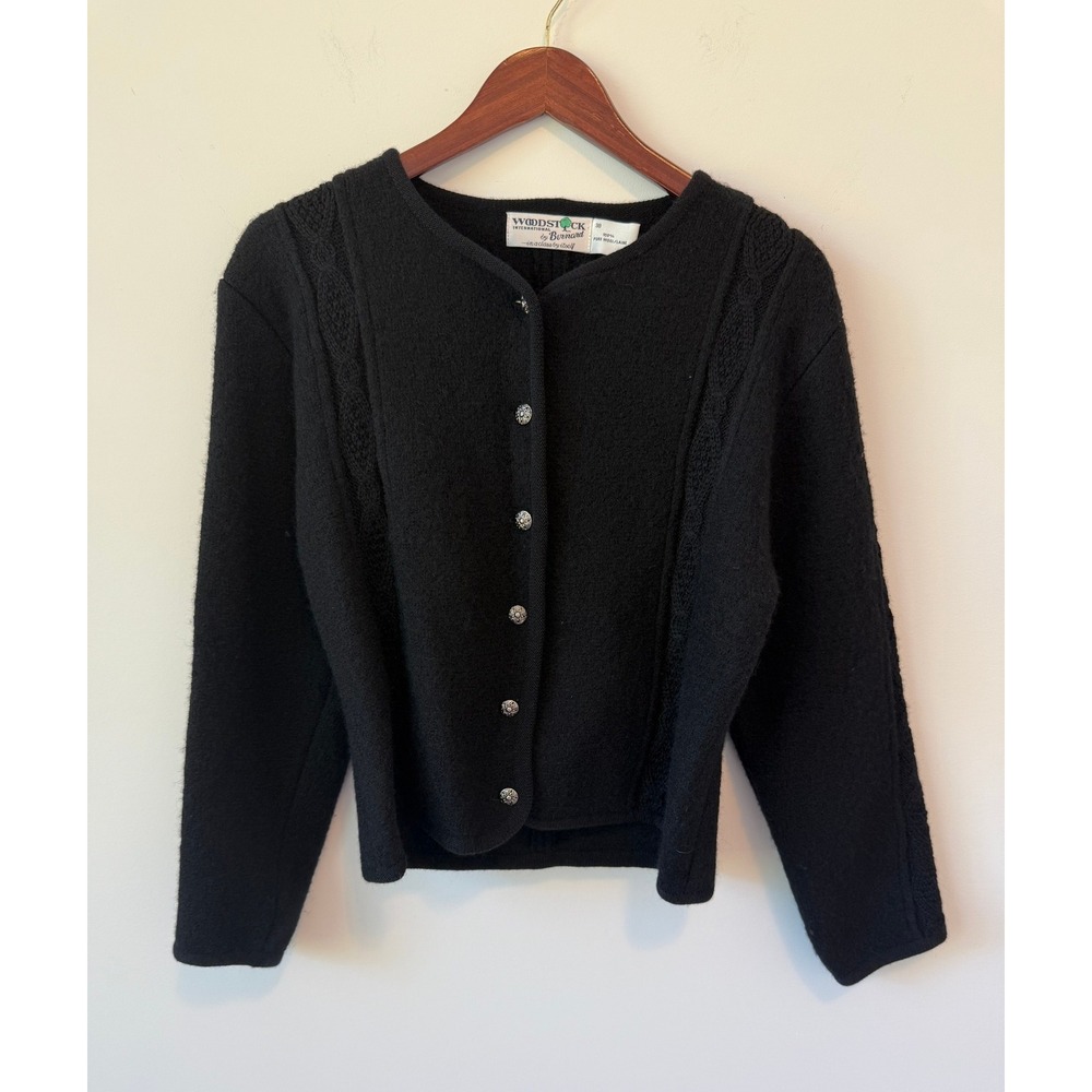 VTG Woodstock by Bernard Wool Cardigan Cable Knit Trim Button Front‎ Black Sz 38